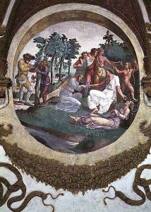 Scene showing that those born under the sign of Virgo in conjunction with the constellation of the Crown are bestowed with a love for flowers and gardens, symbolised by young people weaving garlands in a garden, from the Camera dei Venti, 1528 by Giulio Romano (Orbetto)
