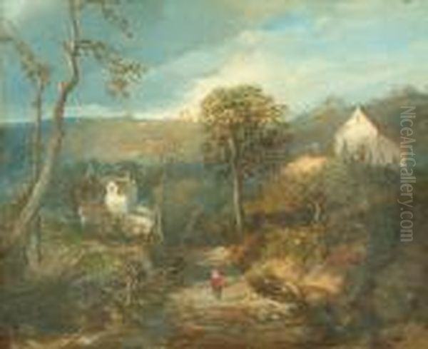 A Hilly Rural Landscape With A Figure Treading The Path - view 1