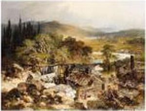An Extensive River Landscape With Water Mill by Edmund John Niemann