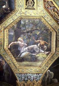 Psyche sleeping in the valley of Cupid, ceiling caisson from the Sala di Amore e Psiche, 1528