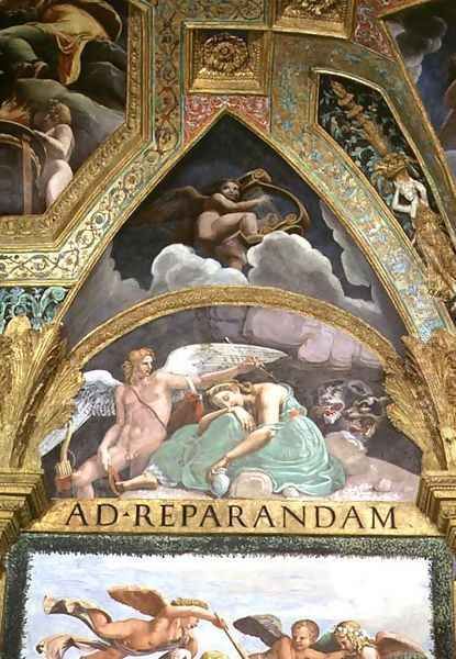 Cupid wakes Psyche, who, having opened the jar containing the beauty of Proserpine has been overcome with sleep, lunette from the Sala di Amore e Psiche, 1528 - view 1