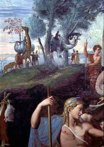 The noble banquet celebrating the marriage of Cupid and Psyche, detail showing the head of Apollo with a procession of exotic animals in the background, from the Sala di Amore e Psiche, 1528 by Giulio Romano (Orbetto)