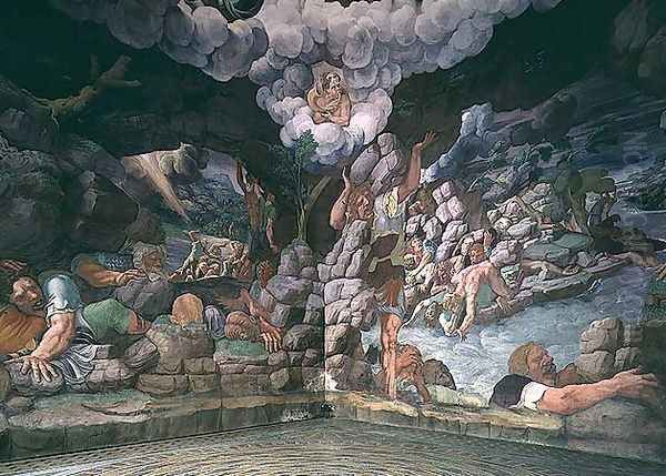 Sala dei Giganti, view of two walls showing the destruction of the rebellious giants by Jupiters thunderbolts, 1536 - view 1