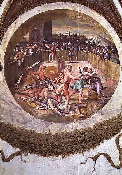 Scene showing that those born under the sign of Taurus in conjunction with the constellation of the Pleiades are imparted with an aptitude for fighting, symbolised by a gladiatorial combat, from the Camera dei Venti, 1528 - view 1