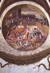 Scene showing that those born under the sign of Taurus in conjunction with the constellation of the Pleiades are imparted with an aptitude for fighting, symbolised by a gladiatorial combat, from the Camera dei Venti, 1528 Scene showing that those born under the sign of Taurus in conjunction with the constellation of the Pleiades are imparted with an aptitude for fighting, symbolised by a gladiatorial combat, from the Camera dei Venti, 1528