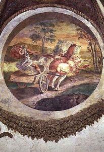 Scene showing that those born under the sign of Scorpio in conjunction with the constellation of the Centaur will be adept at horse-driving, symbolised by a chariot driver, from the Camera dei Venti, 1528 Scene showing that those born under the sign of Scorpio in conjunction with the constellation of the Centaur will be adept at horse-driving, symbolised by a chariot driver, from the Camera dei Venti, 1528