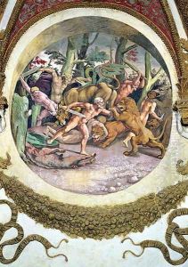 Scene showing that those born under the sign of Leo in conjunction with the constellation of the Dog Star will face wild animals without fear, symbolised by the scene of a struggle between men and beasts, from the Camera dei Venti, 1528 Scene showing that those born under the sign of Leo in conjunction with the constellation of the Dog Star will face wild animals without fear, symbolised by the scene of a struggle between men and beasts, from the Camera dei Venti, 1528