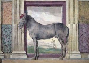Sala dei Cavalli, detail showing a portrait of Morel Favorito, a horse from the stables of Ludovico Gonzaga III of Mantua, 1528 by Giulio Romano (Orbetto)