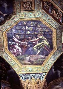 Women gathering grapes, ceiling caisson from the Sala di Amore e Psiche, 1528 by Giulio Romano (Orbetto)
