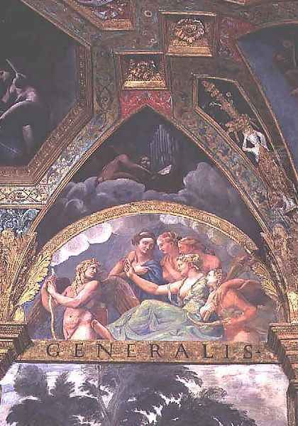 Cupid with Venus and Mercury whom she is sending to capture Psyche, lunette from the Sala di Amore e Psiche, 1528 - view 1
