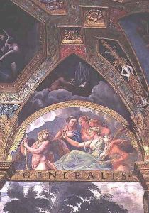 Cupid with Venus and Mercury whom she is sending to capture Psyche, lunette from the Sala di Amore e Psiche, 1528