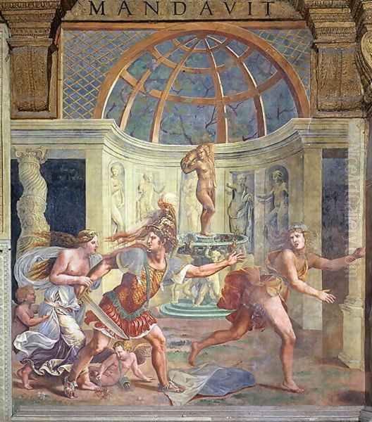 Venus, whose pricked foot stains the petals of a rose red, with Mars who pursues Adonis with an unsheathed sword from the Sala di Amore e Psiche, 1528 - view 1