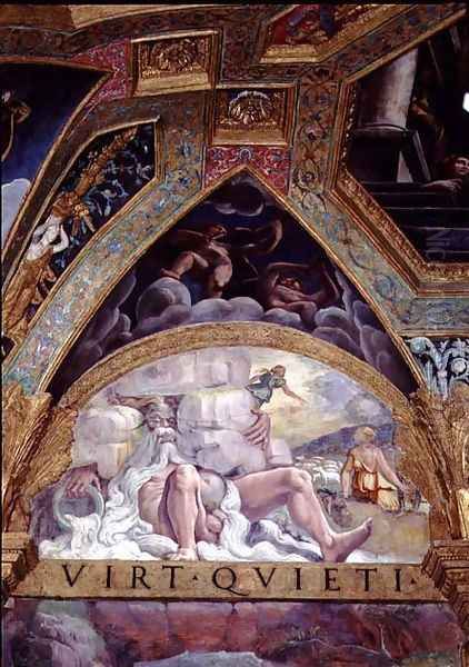 Anthropomorphic figure of a river as an old man with a flowing white beard, in the background Psyche engaged in her ordeal set by Venus of stealing wool from a sheep's fleece, lunette and spandrel from the Sala di Amore e Psiche, 1528 - view 1