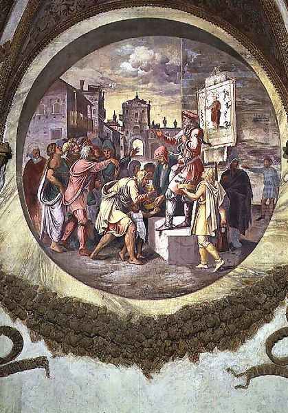 Scene showing that those born under the sign of Capricorn in conjunction with the constellation of Serpentarius or Ophiucus will be snake charmers, symbolised by a vendor of theriac, an antidote against snakebite, from the Camera dei Venti, 1528 - view 1