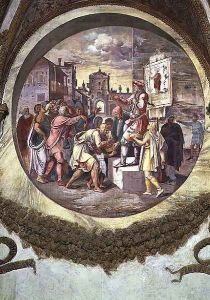 Scene showing that those born under the sign of Capricorn in conjunction with the constellation of Serpentarius or Ophiucus will be snake charmers, symbolised by a vendor of theriac, an antidote against snakebite, from the Camera dei Venti, 1528 Scene showing that those born under the sign of Capricorn in conjunction with the constellation of Serpentarius or Ophiucus will be snake charmers, symbolised by a vendor of theriac, an antidote against snakebite, from the Camera dei Venti, 1528