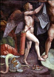 Mars and Venus bathing, detail showing Cupid aiding Mars from the Sala di Amore e Psiche, 1528 by Giulio Romano (Orbetto)
