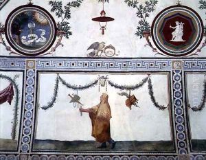 The Camera con Fregio di Amorini Chamber of the Cupid Frieze detail of the ceiling depicting a robed man and insignia of the Medici family, 1520s by Giulio Romano (Orbetto)