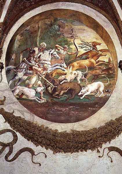 Scene showing that those born under the sign of Cancer in conjunction with the constellation of Mars will be skilled in hunting and fishing, symbolised by a scene of a hunt, from the Camera dei Venti, 1528 - view 1