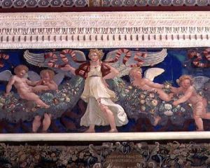 Frieze from the Camera con Fregio di Amorini Chamber of the Cupid Frieze detail of an angel surrounded by cupids eating fruit, 1520s by Giulio Romano (Orbetto)