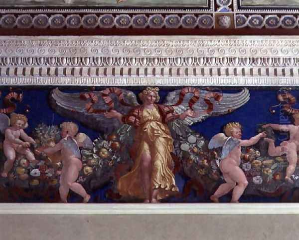 Frieze from the Camera con Fregio di Amorini Chamber of the Cupid Frieze detail of an angel in a golden dress with spread wings, 1520's - view 1