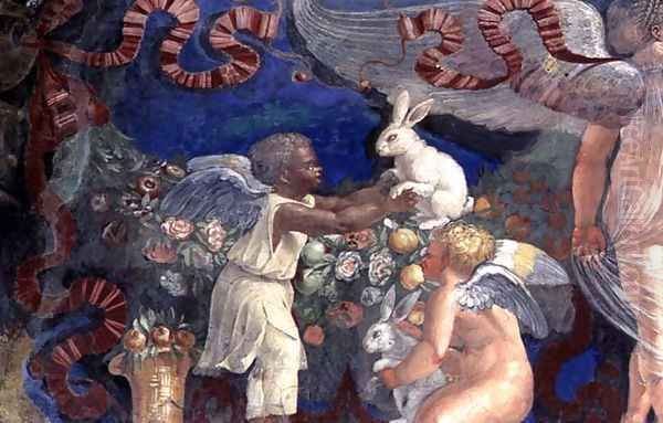 Frieze from the Camera con Fregio di Amorini Chamber of the Cupid Frieze detail of two putti, one black, with rabbits, 1520s - view 1