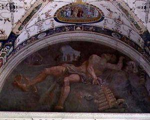 The loggia, detail of lunette in the vault depicting Pan and satyrs, 1520s