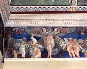 Frieze from the Camera con Fregio di Amorini Chamber of the Cupid Frieze detail of two cupids, one black, playing with rabbits, 1520s by Giulio Romano (Orbetto)