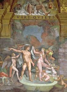 Mars and Venus bathing, aided by Cupid and putti from the Sala di Amore e Psiche, 1528 by Giulio Romano (Orbetto)