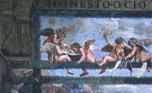 The Rustic Banquet, detail of putti making music, from the Sala di Amore e Psiche, 1528