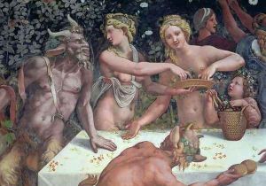 Two Horae scattering flowers, watched by two satyrs, detail of the rustic banquet celebrating the marriage of Cupid and Psyche from the Sala di Amore e Psiche, 1528