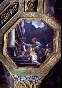 Supplicating figures on the steps of a great palace, ceiling caisson from the Sala di Amore e Psiche, 1528
