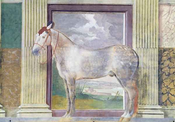 Sala dei Cavalli, detail showing a portrait of Dario, a horse from the stables of Ludovico Gonzaga III of Mantua, 1528 - view 1