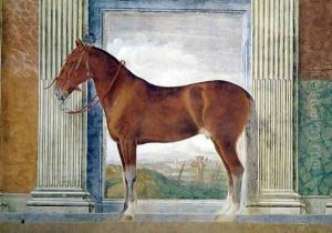 Sala dei Cavalli, detail showing a portrait of a chestnut horse from the stables of Ludovico Gonzaga III of Mantua, 1528