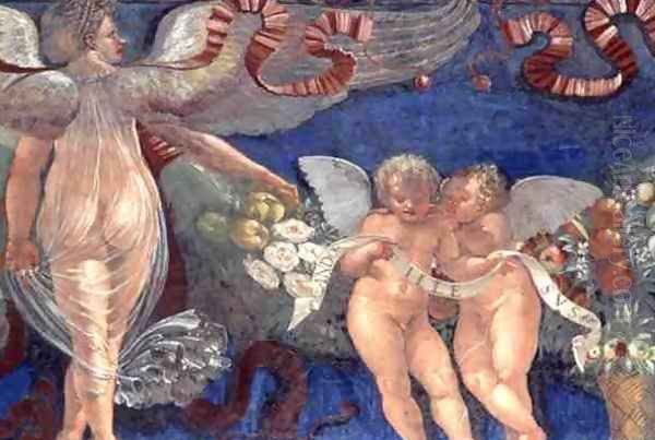 Frieze from the Camera con Fregio di Amorini Chamber of the Cupid Frieze detail of two putti and an angel, 1520s - view 1