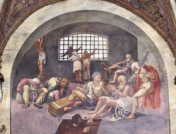 Scene showing that those born under the sign of Sagittarius in conjunction with the setting constellation of Arcturus will be led to commit grave crimes, symbolised by shackled prisoners, from the Camera dei Venti, 1528 - view 1