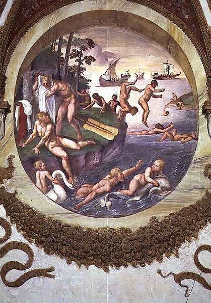 Scene showing that those born under the sign of Aries in conjunction with the constellation of the Ship and Dolphin are imparted with aptitudes for navigation and swimming, symbolised by the ship and swimmers, from the Camera dei Venti, 1528 - view 1