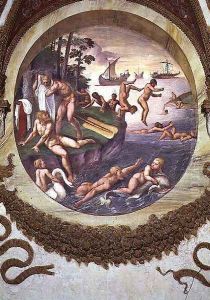 Scene showing that those born under the sign of Aries in conjunction with the constellation of the Ship and Dolphin are imparted with aptitudes for navigation and swimming, symbolised by the ship and swimmers, from the Camera dei Venti, 1528 Scene showing that those born under the sign of Aries in conjunction with the constellation of the Ship and Dolphin are imparted with aptitudes for navigation and swimming, symbolised by the ship and swimmers, from the Camera dei Venti, 1528
