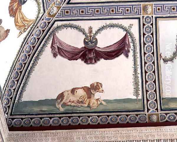 The Camera con Fregio di Amorini Chamber of the Cupid Frieze detail of a dog and a puppy, 1520s - view 1