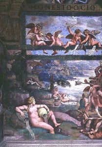 The Rustic Banquet celebrating the marriage of Cupid and Psyche, detail depicting river gods and goddesses, east wall, from the Sala di Amore e Psiche, 1528