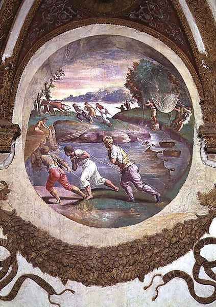 Scene showing that those born under the sign of Cancer in conjunction with the constellation of Mars are imparted with an aptitude for hunting and fishing, symbolised by a scene of fishing with nets, from the Camera dei Venti, 1528 - view 1