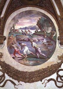 Scene showing that those born under the sign of Cancer in conjunction with the constellation of Mars are imparted with an aptitude for hunting and fishing, symbolised by a scene of fishing with nets, from the Camera dei Venti, 1528