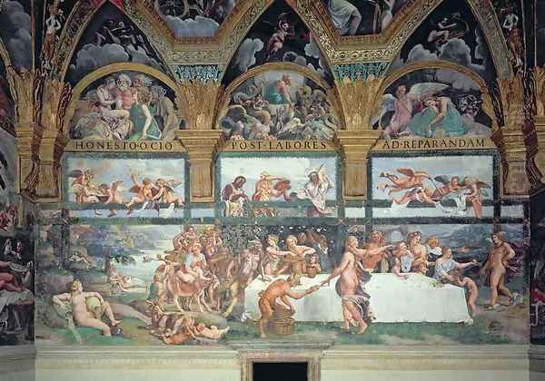 The Rustic Banquet celebrating the marriage of Cupid and Psyche, with the three lunettes above depicting one of Psyches ordeals to bring back from the Underworld a jar containing the beauty of Proserpine, from the Sala di Amore e Psiche, 1528 - view 1