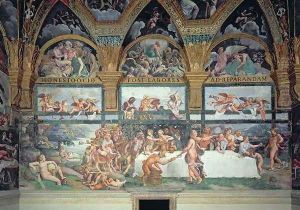 The Rustic Banquet celebrating the marriage of Cupid and Psyche, with the three lunettes above depicting one of Psyches ordeals to bring back from the Underworld a jar containing the beauty of Proserpine, from the Sala di Amore e Psiche, 1528 by Giulio Romano (Orbetto)