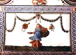 The Camera con Fregio di Amorini Chamber of the Cupid Frieze detail of the ceiling depicting a woman holding a bowl, 1520s by Giulio Romano (Orbetto)