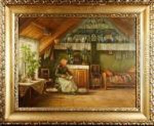 Allmogeinterior Med Kardande Kvinna by Severin Nilson