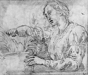 A woman watering a plant by Giulio Romano (Orbetto)
