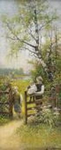 Sommarlandskap Med Barn Vid Grind by Severin Nilson