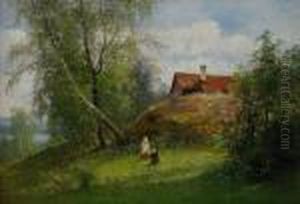 Svenskt Sommarlandskap Med Tva Smaflickor by Severin Nilson