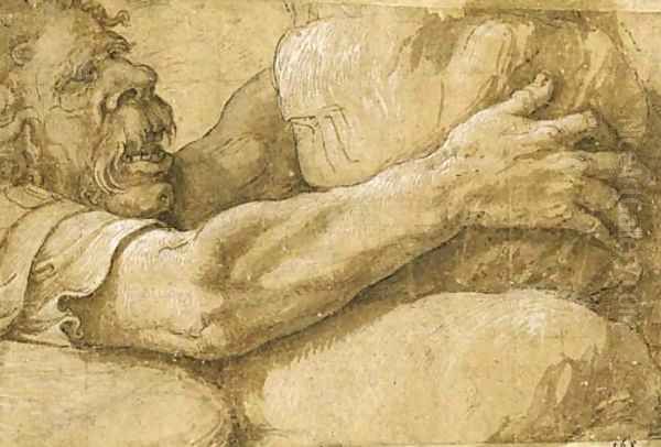 A giant clutching a rock - view 1