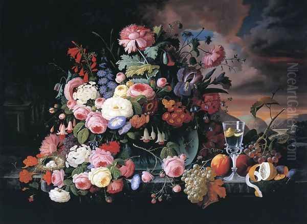 Still Life of Flowers and Fruit with a River Landscape in the Distance - view 1